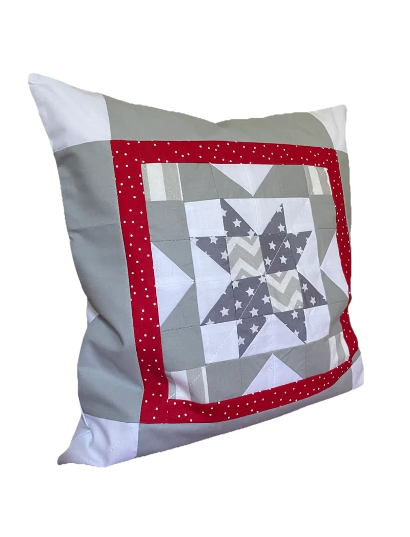 Patchwork Kissenhülle, Landhausstil Kissenbezug, rot/grau/weiß 40x40cm