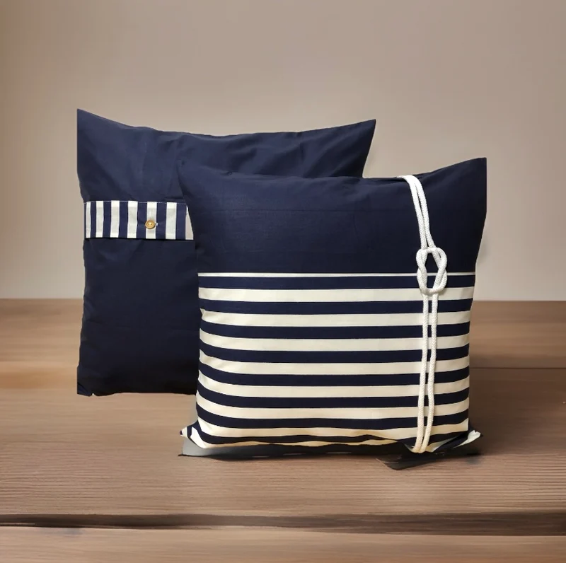 Maritime Kissenhülle, Landhausstil Dekokissen Seemannsknoten blau/weiß gestreift