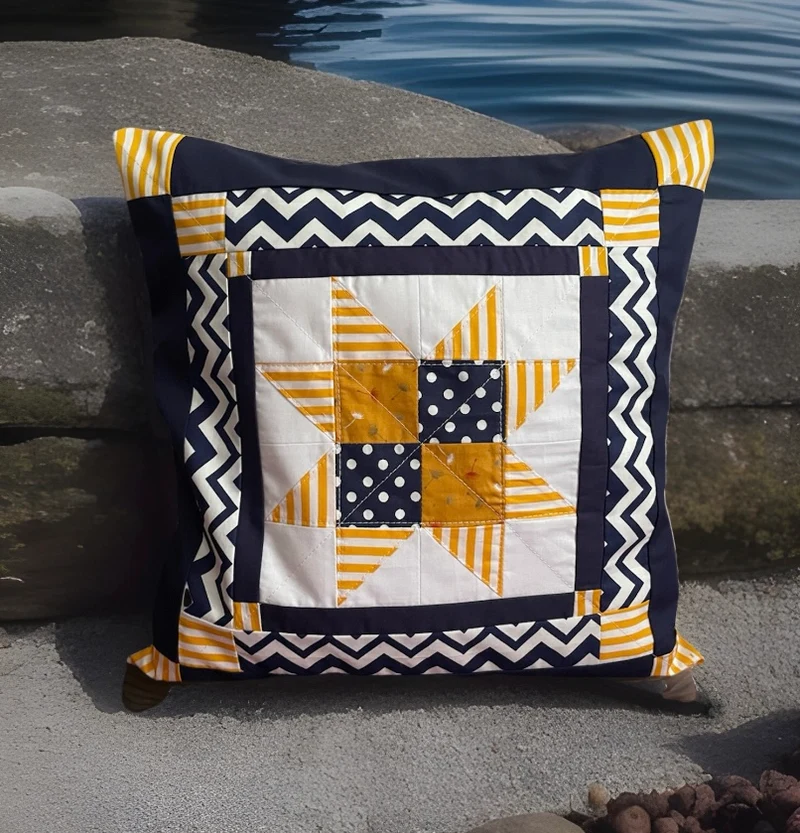 Patchwork Kissenhülle, Landhausstil Kissenbezug, blau/weiß/gelb 40x40cm