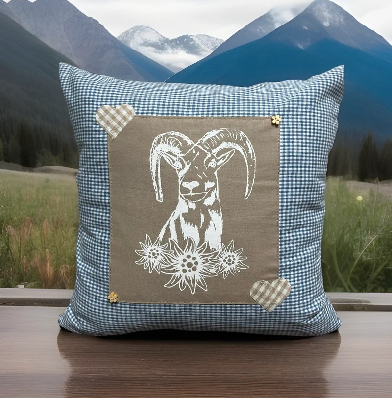 Landhausstil Kissenhülle, Kissenbezug, blau /beige kariertes Dekokissen * Jäger Mufflon *