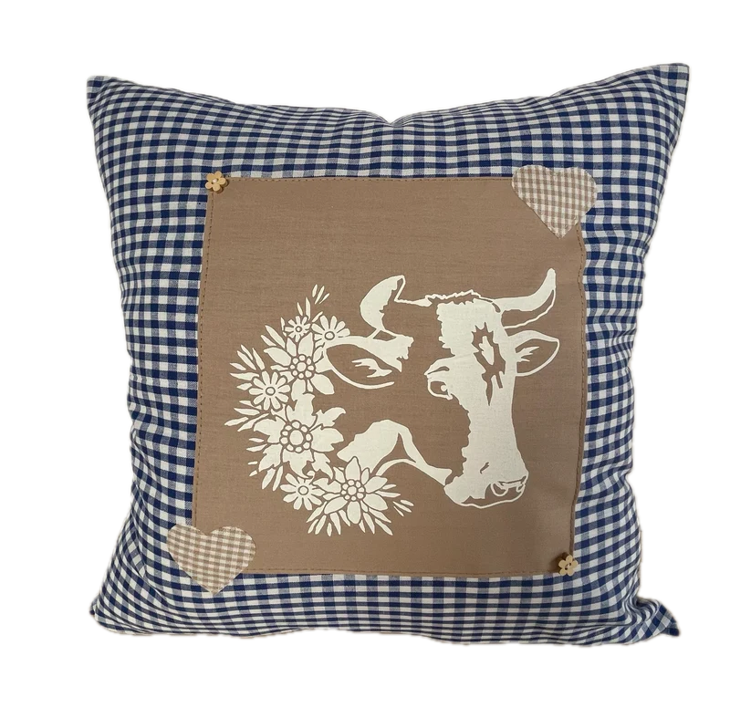 Landhausstil Kissenhülle * Kissenbezug * blau/weiß kariertes Dekokissen * Kuh *