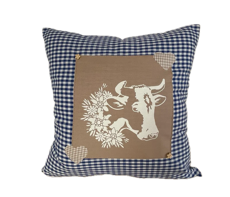 Landhausstil Kissenhülle * Kissenbezug * blau/weiß kariertes Dekokissen * Kuh *