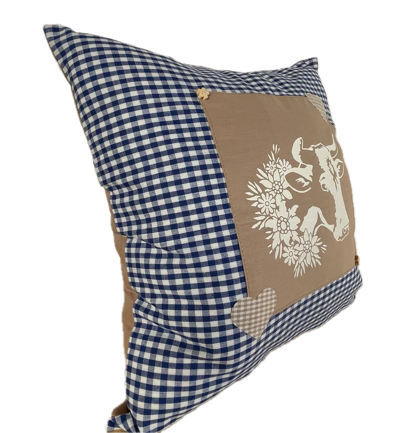 Landhausstil Kissenhülle * Kissenbezug * blau/weiß kariertes Dekokissen * Kuh *