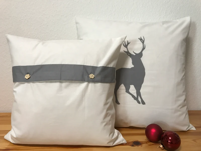 Weihnachtliche Landhausstil Kissenhülle * Kissenbezug * Dekokissen * Hirsch* weiß/grau