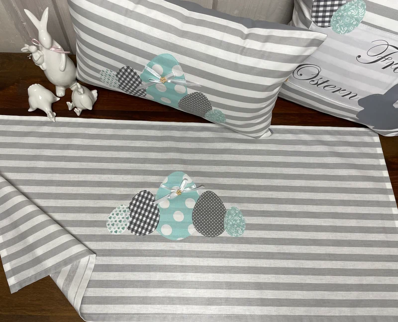 1x Landhausstil Tischläufer, Tischdecke, Ostertischdecke, Tischläufer Ostern grau/weiß, 40x90cm.