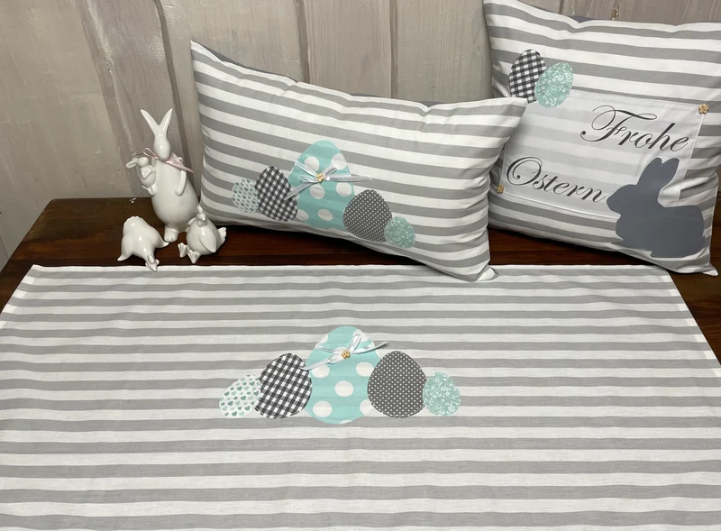 1x Landhausstil Tischläufer, Tischdecke, Ostertischdecke, Tischläufer Ostern grau/weiß, 40x90cm.