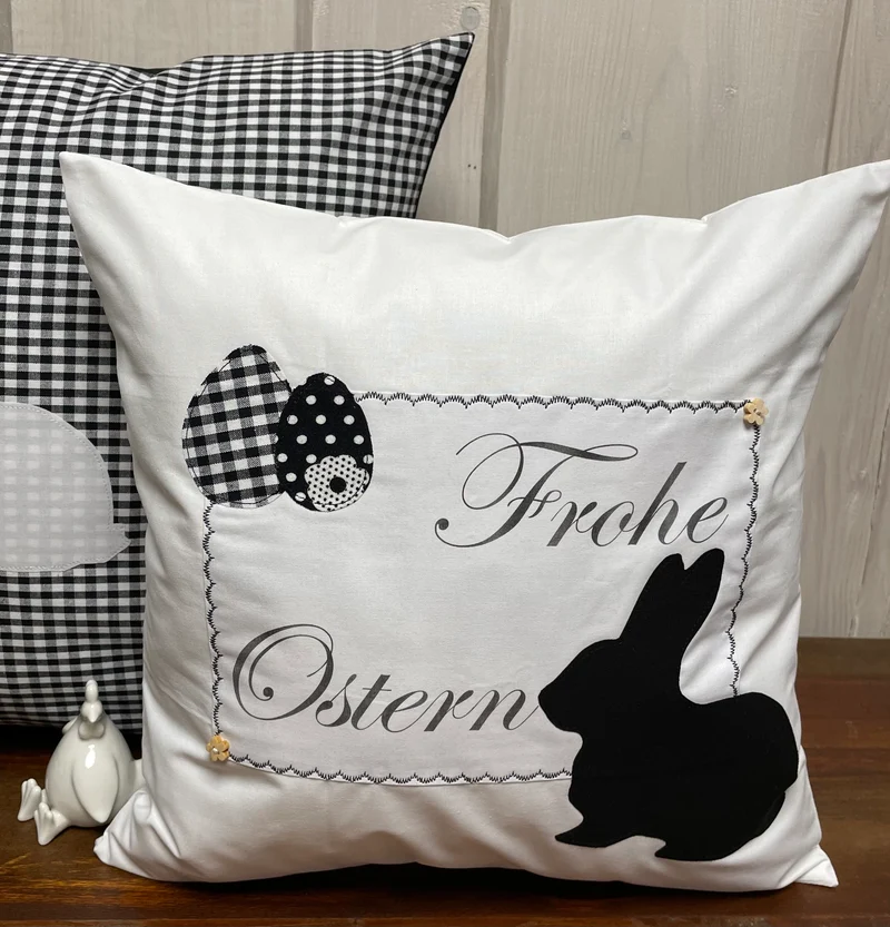 1 Landhausstill Kissenhülle, Kissenbezug, Osterkissen,Ostern weiß/schwarz
