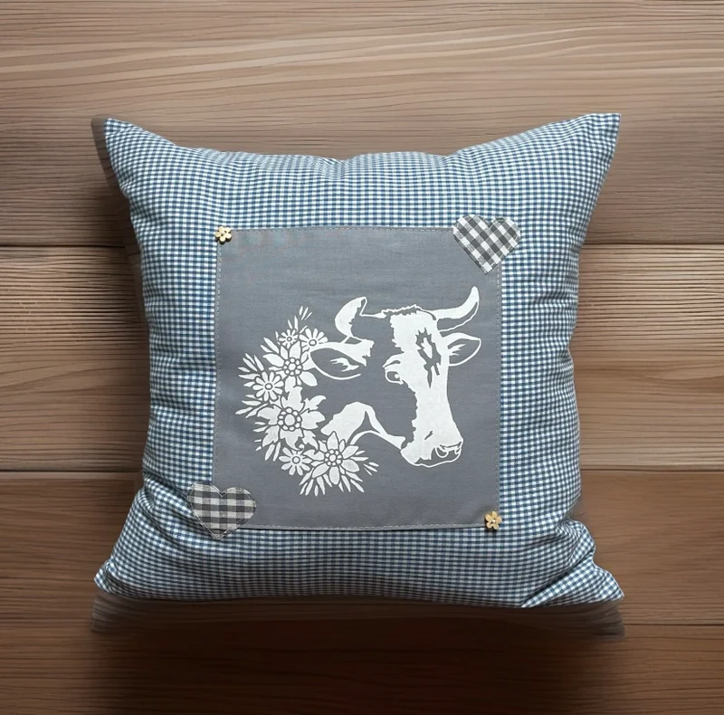 Landhausstil Kissenhülle * Kissenbezug * Bauernstube Dekokissen * Kuh* blau/grau