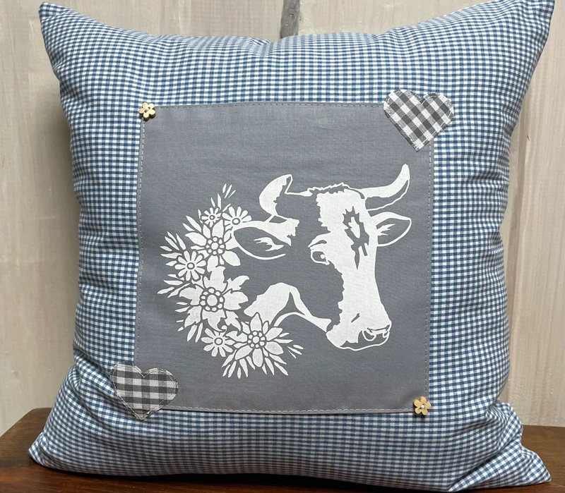 Landhausstil Kissenhülle * Kissenbezug * Bauernstube Dekokissen * Kuh* blau/grau