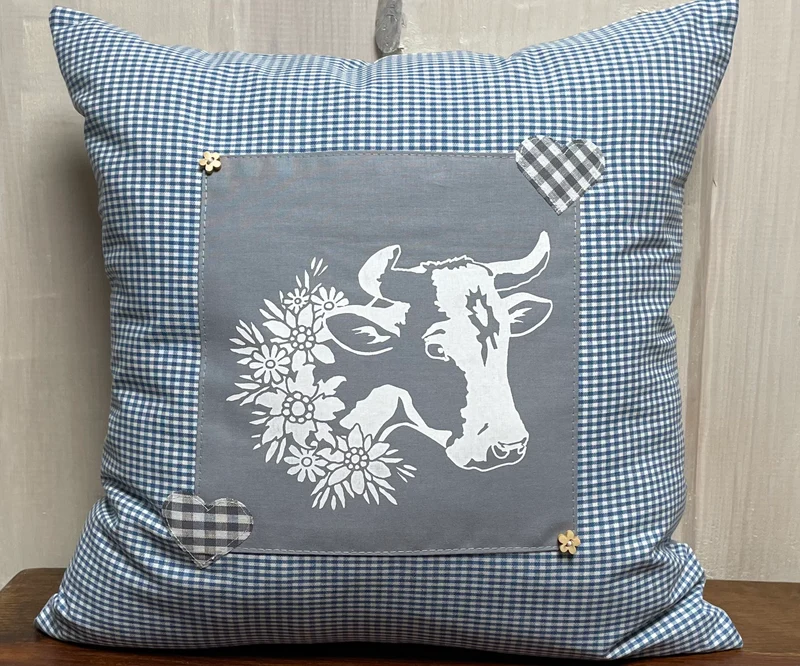 Landhausstil Kissenhülle * Kissenbezug * Bauernstube Dekokissen * Kuh* blau/grau