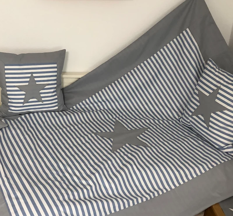 Maritime Patchwork Decke, Tagesdecke, Kinderdecke, Bettüberwurf 130cm x 200cm blau/grau