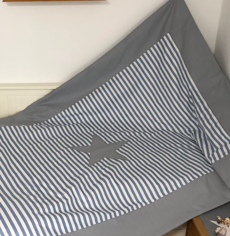 Maritime Patchwork Decke, Tagesdecke, Kinderdecke, Bettüberwurf 130cm x 200cm blau/grau