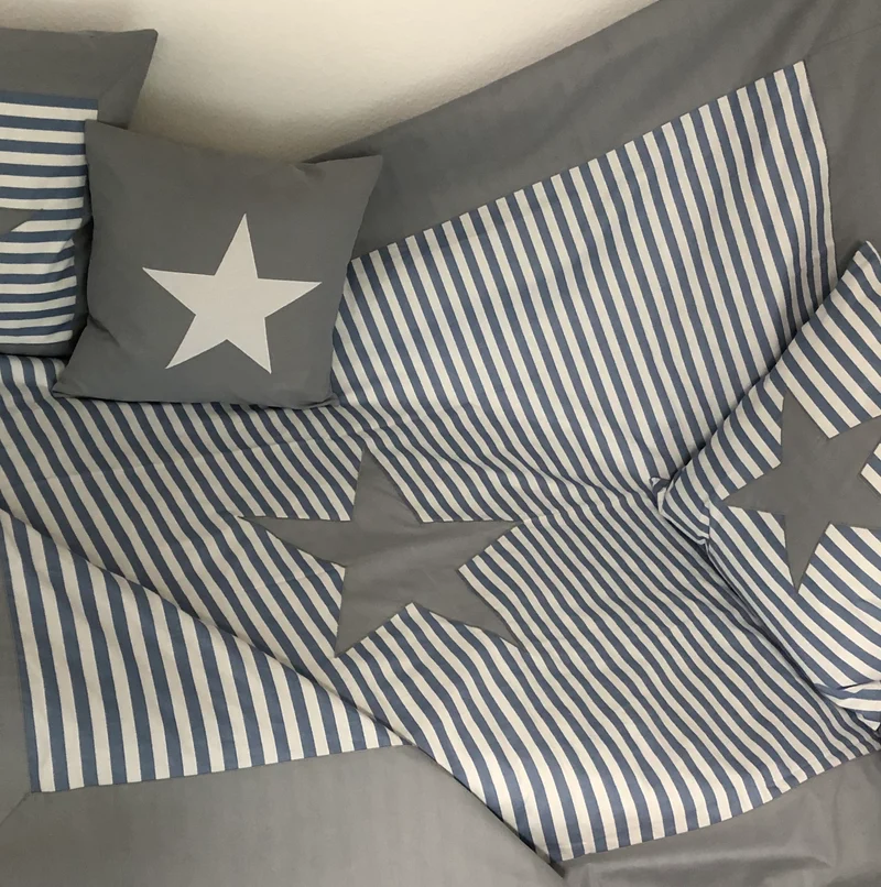 Maritime Patchwork Decke, Tagesdecke, Kinderdecke, Bettüberwurf 130cm x 200cm blau/grau