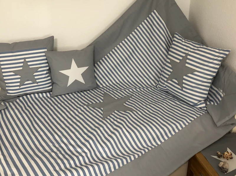 Maritime Patchwork Decke, Tagesdecke, Kinderdecke, Bettüberwurf 130cm x 200cm blau/grau