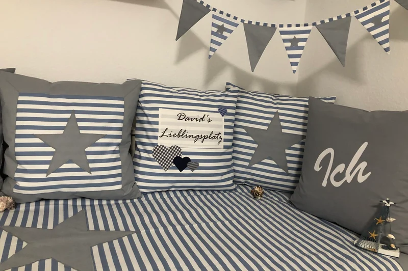 Maritime Patchwork Decke, Tagesdecke, Kinderdecke, Bettüberwurf 130cm x 200cm blau/grau