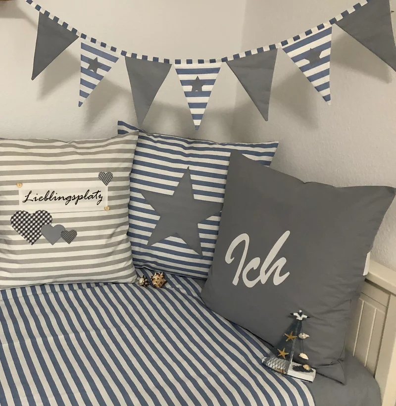 Maritime Patchwork Decke, Tagesdecke, Kinderdecke, Bettüberwurf 130cm x 200cm blau/grau