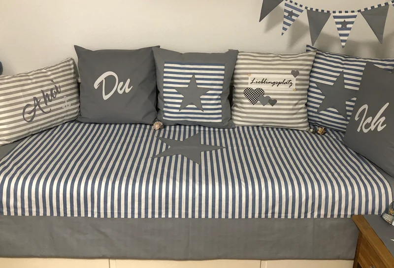 Maritime Patchwork Decke, Tagesdecke, Kinderdecke, Bettüberwurf 130cm x 200cm blau/grau