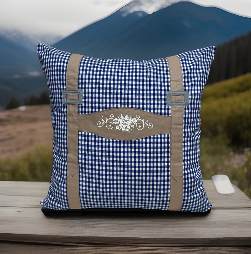 Landhausstil Kissenhülle, Kissenbezug, Bauernstube Dekokissen * Hosenträger * blau/beige
