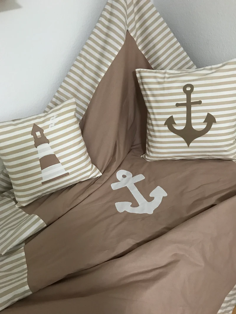 Maritime Patchwork Decke, Tagesdecke, Kinderdecke, Bettüberwurf 130cm x 200cm beige/weiß