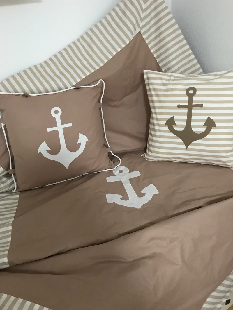 Maritime Patchwork Decke, Tagesdecke, Kinderdecke, Bettüberwurf 130cm x 200cm beige/weiß