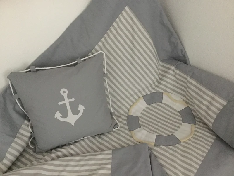 Maritime Patchwork Decke, Tagesdecke, Kinderdecke, Bettüberwurf 130cm x 200cm grau/weiß
