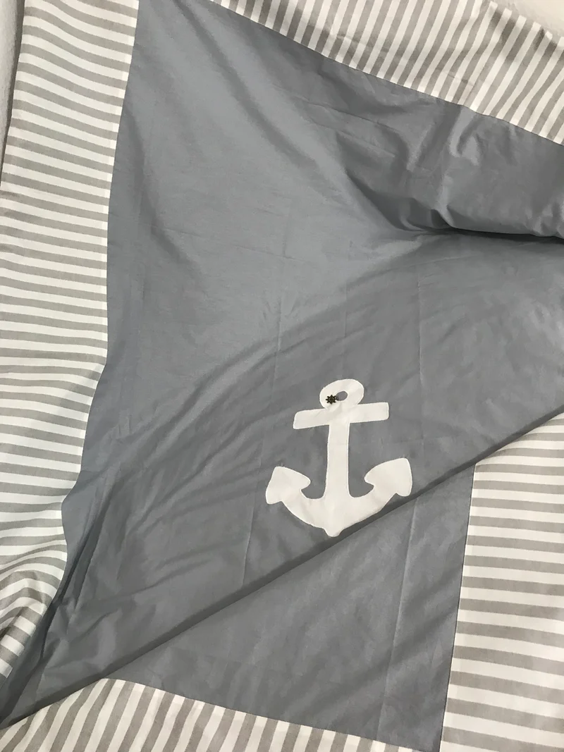 Maritime Patchwork Decke, Tagesdecke, Kinderdecke, Bettüberwurf 130cm x 200cm grau/weiß