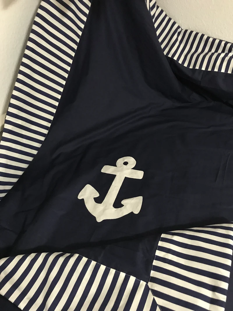 Maritime Patchwork Decke, Tagesdecke, Kinderdecke, Bettüberwurf 130cm x 200cm blau/weiß gestreift