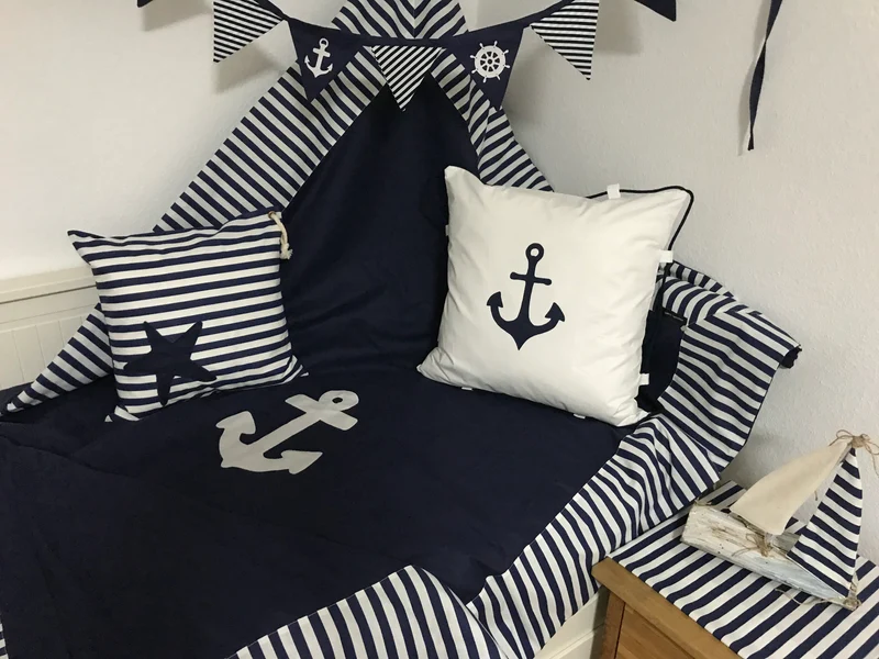 Maritime Patchwork Decke, Tagesdecke, Kinderdecke, Bettüberwurf 130cm x 200cm blau/weiß gestreift