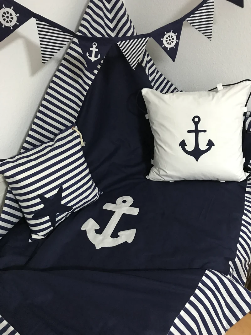 Maritime Patchwork Decke, Tagesdecke, Kinderdecke, Bettüberwurf 130cm x 200cm blau/weiß gestreift