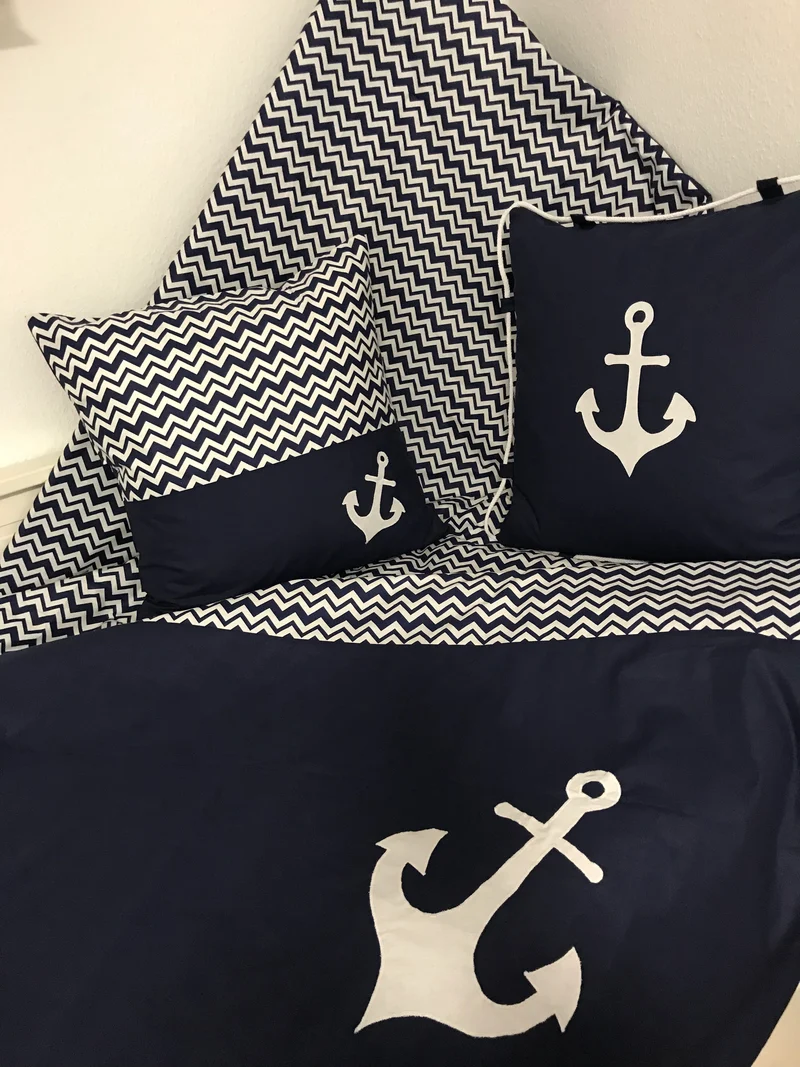 Maritime Patchwork Decke, Tagesdecke, Kinderdecke, Bettüberwurf 130cm x 200cm blau/weiß