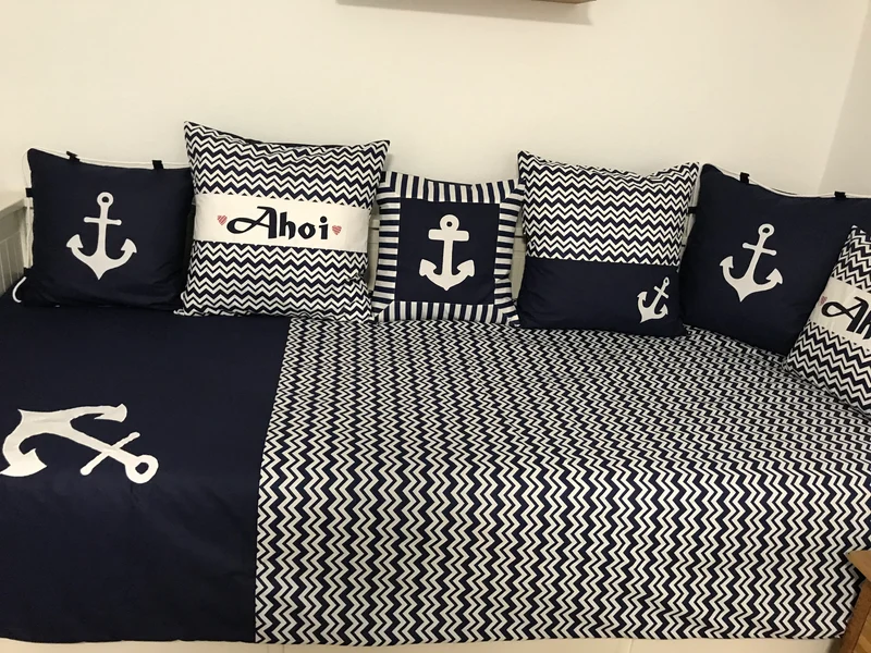 Maritime Patchwork Decke, Tagesdecke, Kinderdecke, Bettüberwurf 130cm x 200cm blau/weiß