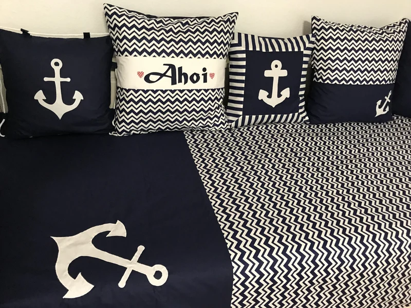 Maritime Patchwork Decke, Tagesdecke, Kinderdecke, Bettüberwurf 130cm x 200cm blau/weiß