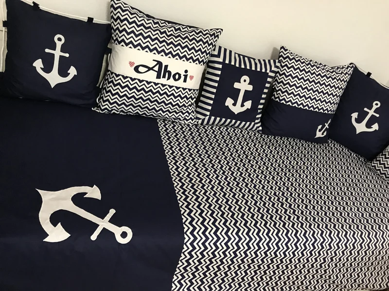 Maritime Patchwork Decke, Tagesdecke, Kinderdecke, Bettüberwurf 130cm x 200cm blau/weiß