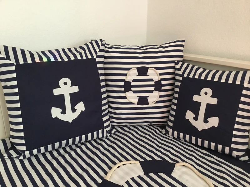 Maritime Patchwork Decke, Tagesdecke, Kinderdecke, Bettüberwurf 130cm x 200cm blau/weiß gestreift