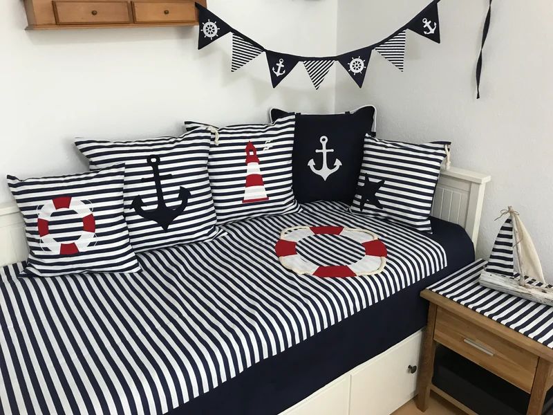 Maritime Patchwork Decke, Tagesdecke, Kinderdecke, Bettüberwurf 130cm x 200cm