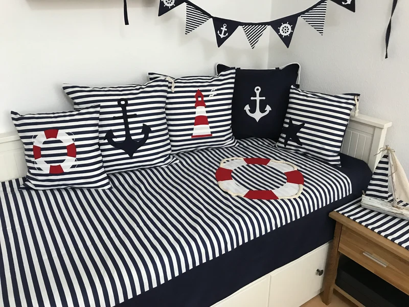 Maritime Patchwork Decke, Tagesdecke, Kinderdecke, Bettüberwurf 130cm x 200cm