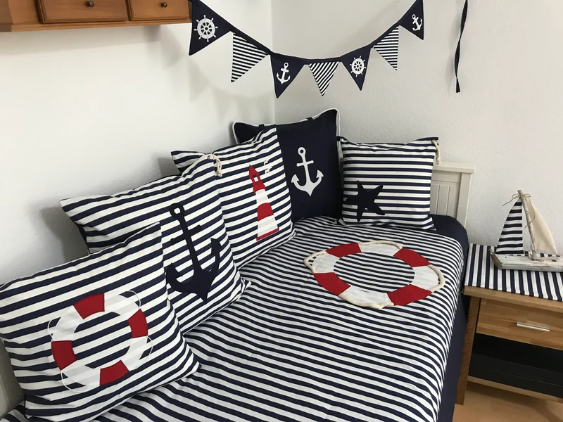 Maritime Patchwork Decke, Tagesdecke, Kinderdecke, Bettüberwurf 130cm x 200cm