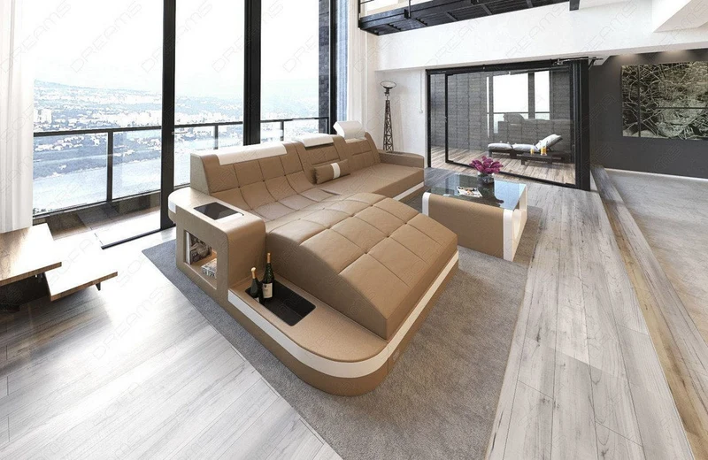 Design Ledersofa Wave L-Form mit LED