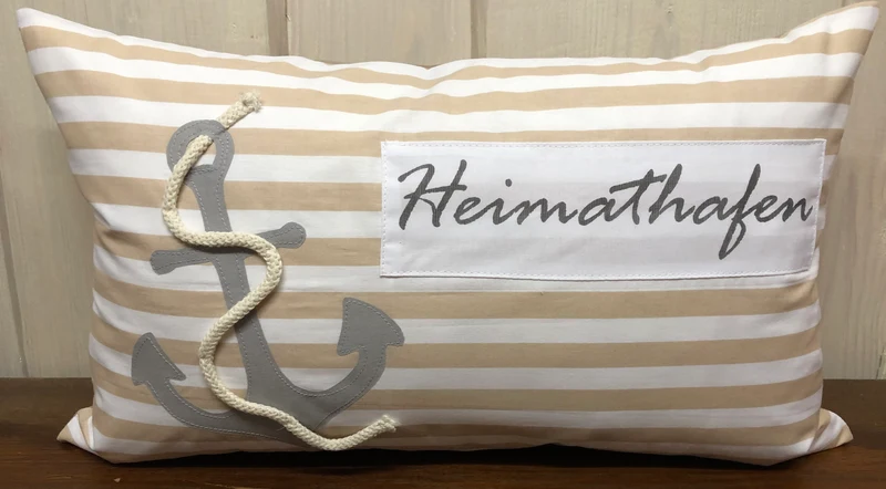 Maritime Kissenhülle, Landhausstil Kissenbezug * Heimathafen * Beige/weiß 30x50cm.