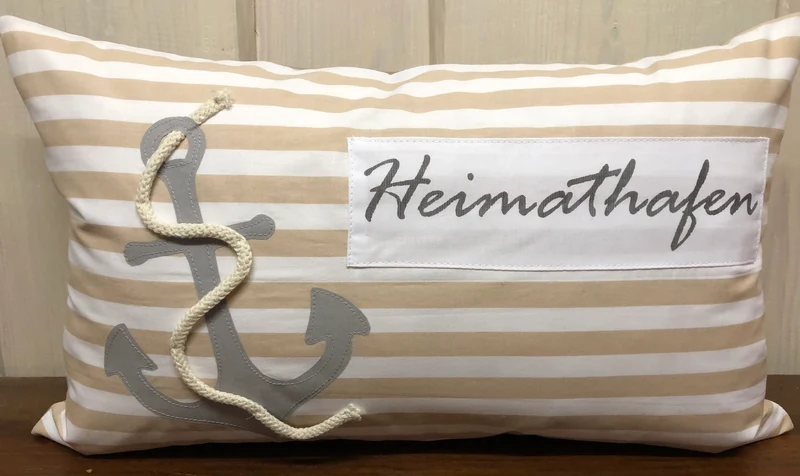Maritime Kissenhülle, Landhausstil Kissenbezug * Heimathafen * Beige/weiß 30x50cm.