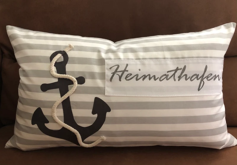 Maritime Kissenhülle, Landhausstil Kissenbezug * Heimathafen * grau/weiß 30x50cm.