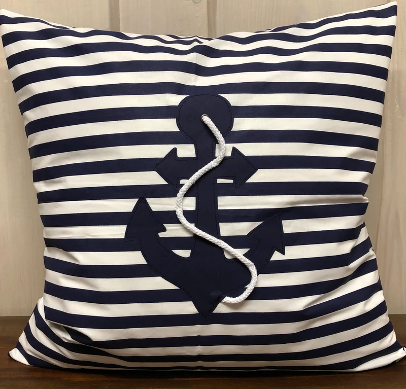 1x Maritime Kissenhülle, Landhausstil Kissenbezug, Anker blau/weiß gestreift