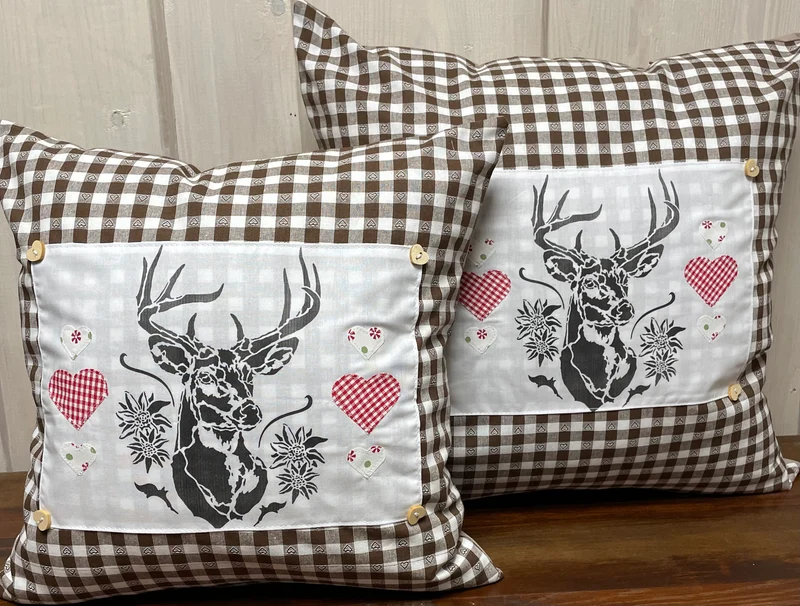 Landhausstil Kissenhülle, Kissenbezug, braun/weiß kariertes Dekokissen * Hirsch *