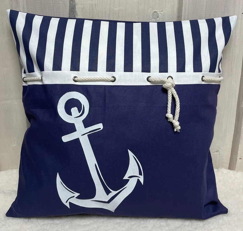 Maritime Kissenhülle, Landhausstil Dekokissen Anker blau/weiß