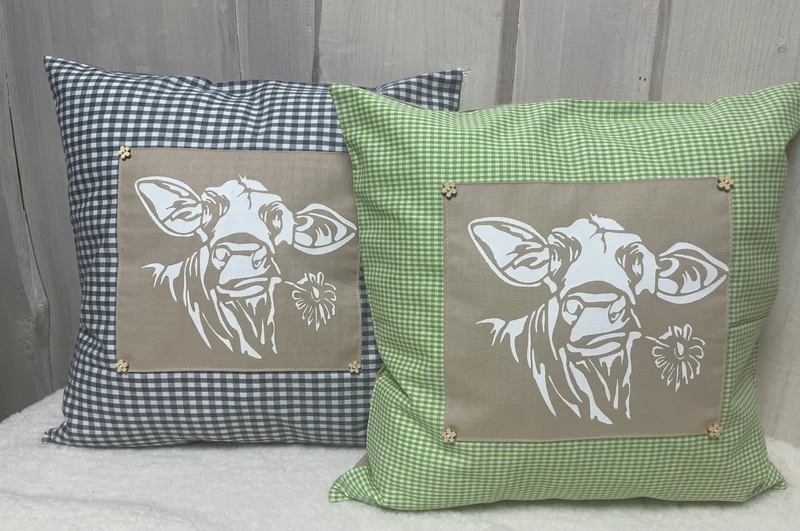 Landhausstil Kissenhülle * Kissenbezug * grau/beige kariertes Dekokissen * Kuh*