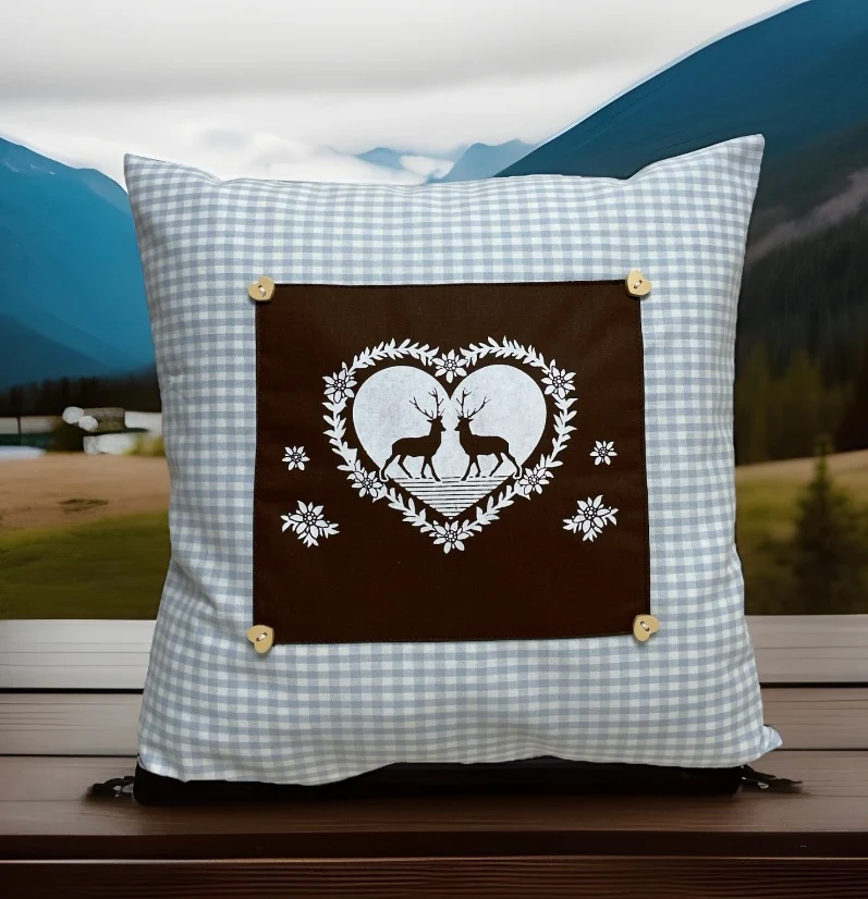 Landhausstil Kissenhülle * Kissenbezug * hellblau/weiß kariertes Dekokissen * Hirsche*