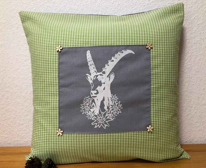 Landhausstil Kissenhülle * Kissenbezug * grün/weiß kariertes Dekokissen * Steinbock *