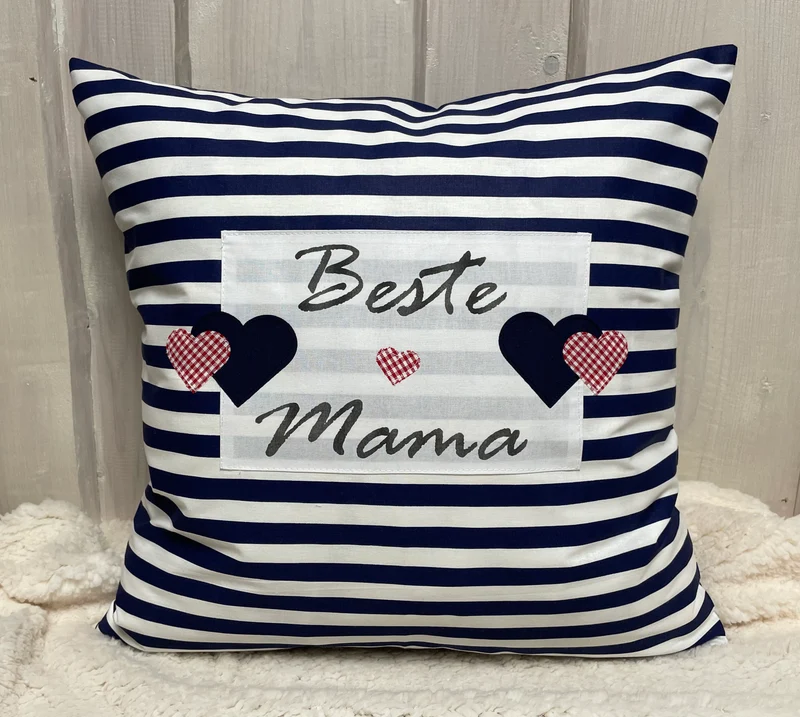 Landhausstil Kissenhülle, Muttertags Geschenk, Dekokissen *Beste Mama* blau/weiß