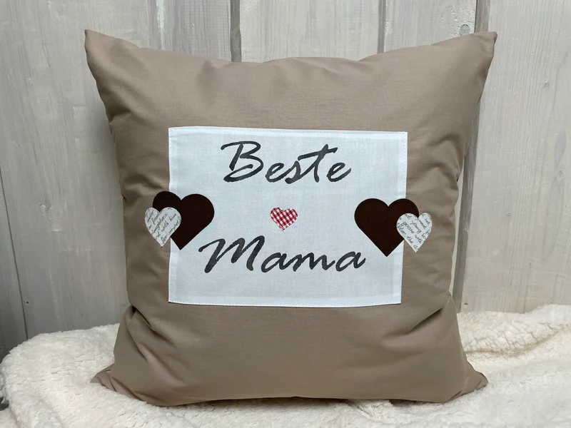Landhausstil Kissenhülle, Kissenbezug, Dekokissen beige/weiß *Beste Mama*