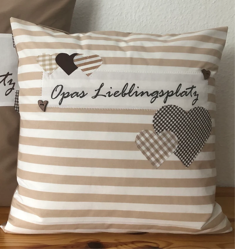 Landhausstil Kissenhülle * Kissenbezug * Dekokissen beige/weiß * Opas Lieblingsplatz *beige/weiß